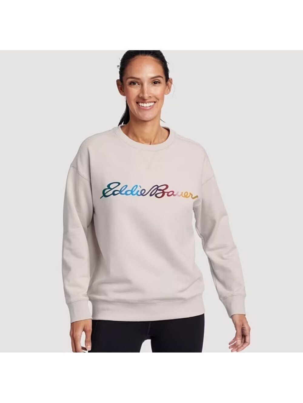 Eddie Bauer Women's Cozy Camp Logo Crewneck Sweatshirt Ombre Rainbow, size M